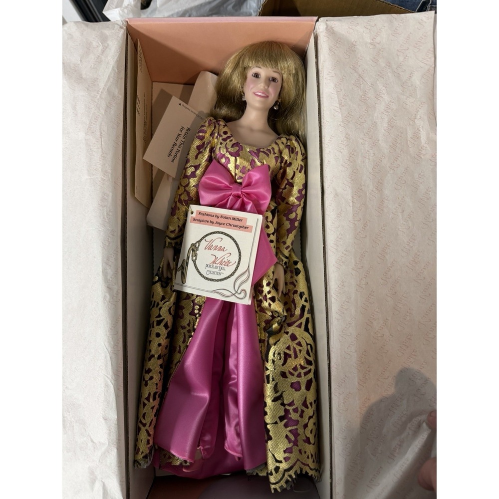 Vintage 90s Vanna White porcelain doll, gold‎ w/ purple bow, still in box!